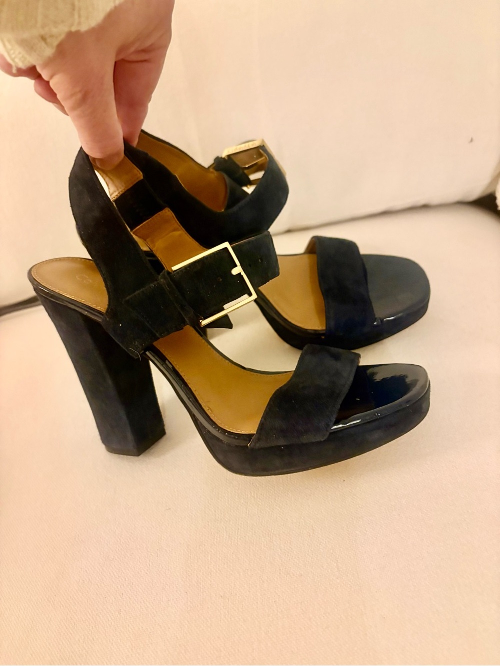 Classic Calvin Klein Navy Blue Suede Platform Block Heel Sandals